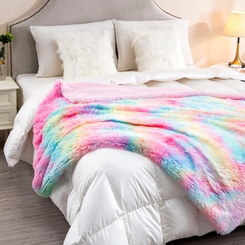DANGTOP Fuzzy Faux Fur Throw Blanket, Tie Dye Fluffy Blanket, Super Soft Rainbow Blanket for Girls, Luxury Cozy Warm Plush Thick Sherpa Throws for Bed Couch Living Room (Rainbow, 50X60 inches)