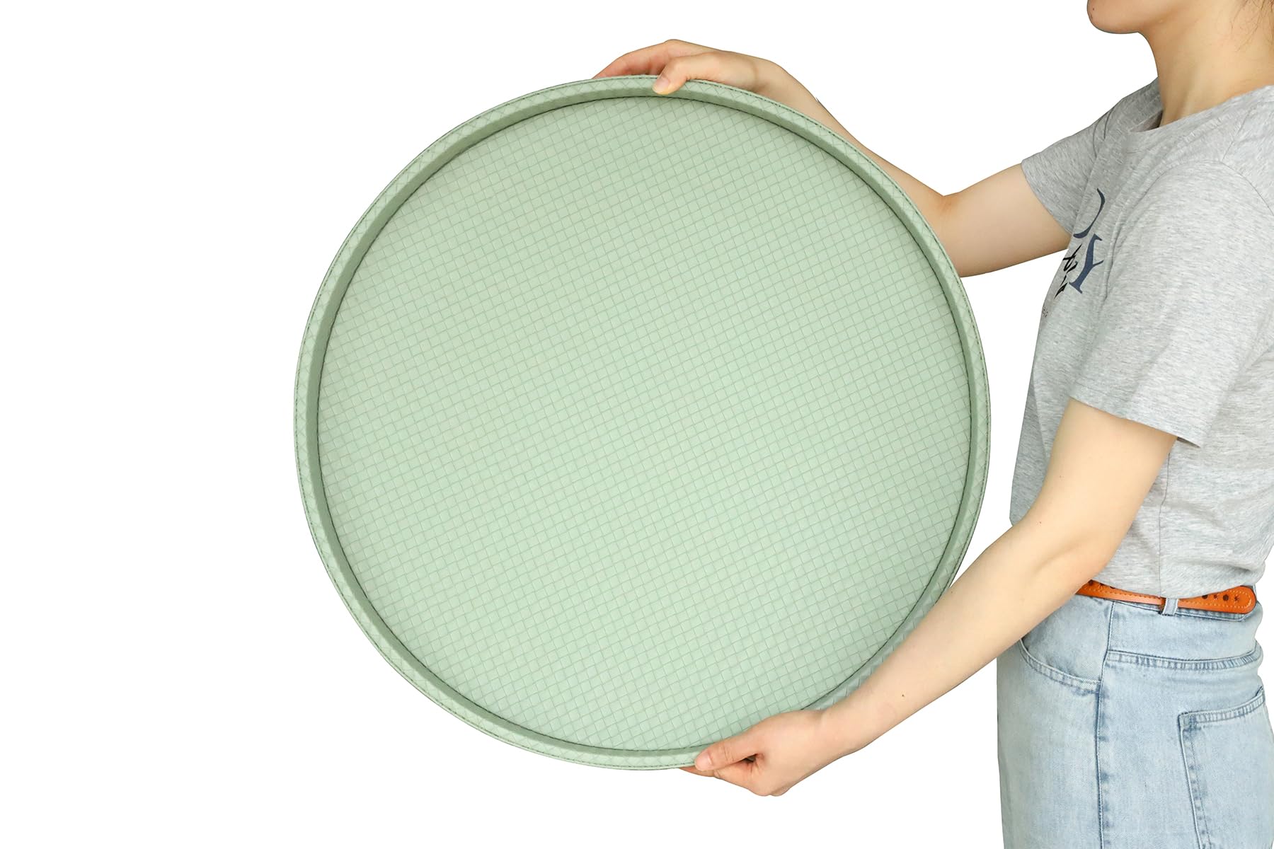 HofferRuffer Large Round Serving Tray 24'', Elegant Faux Leather Circle Ottoman Table Tray, Serve Tea Coffee Breakfast in Bedroom Living Room Kitchen (Light Green)