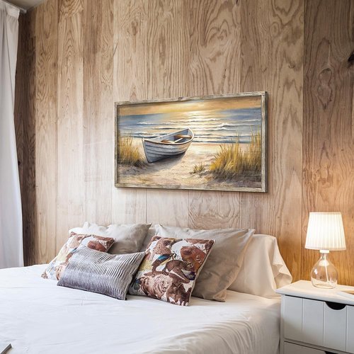 Coastal Wall Art by Beach | Ocean Boat Sunset Painting - Framed Seascape Decor 40”x20”