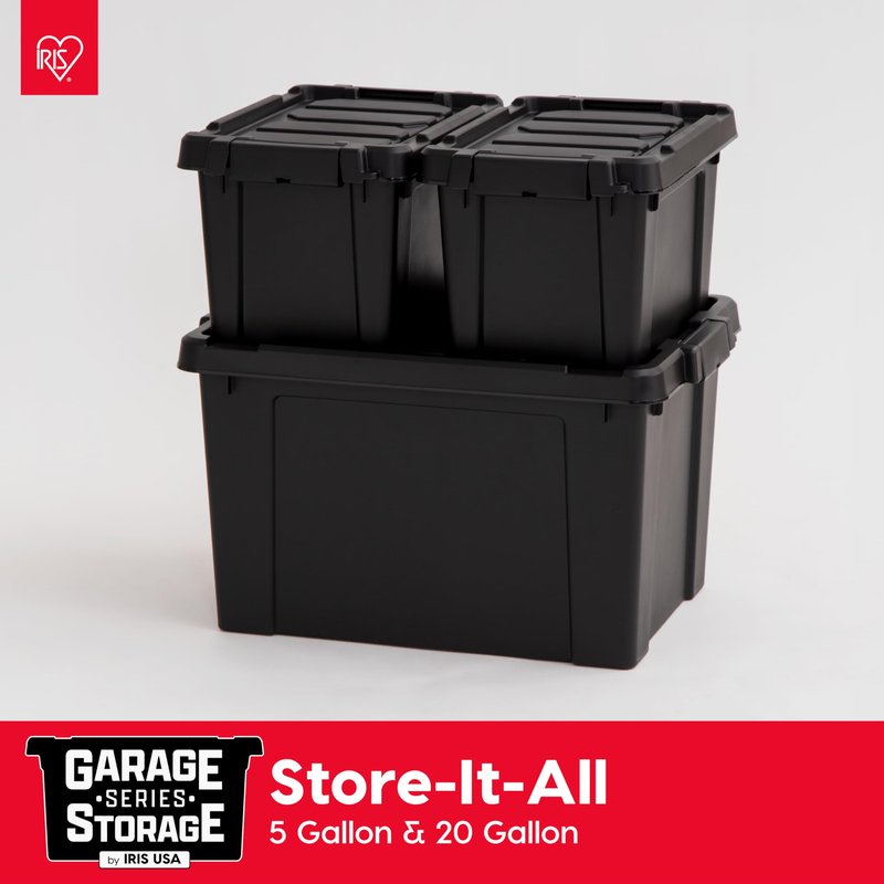 IRIS USA 5 Gallon Lockable Storage Bins with Lids, 6 Pack - Made in USA, Heavy Duty, Stackable Containers, Garage Organizing Bins Moving Tubs, Rugged Sturdy Equipment Utility Box - Black