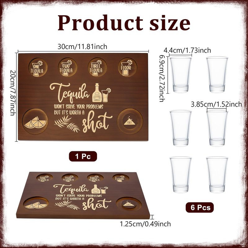 Tequila Shot Board Set With 6pcs Shot Glass Tequila Gifts, 7.8x11.8 Inch Wooden Serving Tray with Salt Rim, Shots Glass Holder for Restaurant Family, Fun Bar Party Housewarming Gifts