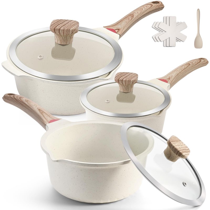 VINCHEF Nonstick Saucepan with Lid, 3QT Sauce Pan with Stay Cool Handle, Non Stick Small Cooking Pots Induction pot, Dishwasher Safe, Compatible for All Stove Top, PFAS and PFOA Free White