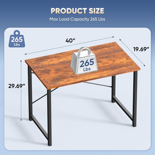 DUMOS 40-Inch Small Computer Desk - Modern Writing & Gaming Workstation for Home Office | Brown Metal Frame