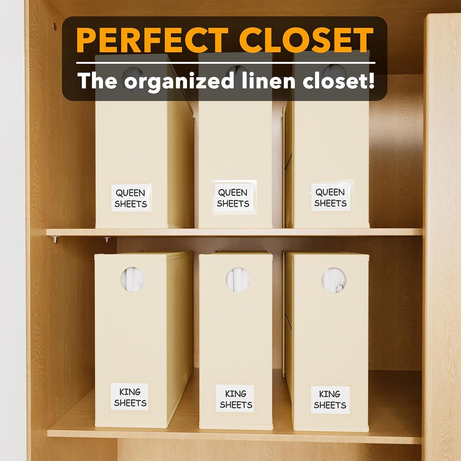 SpaceAid Bed Sheet Organizers - 6 Pack Foldable Storage with Window for Queen & King Size Bedding (Beige)