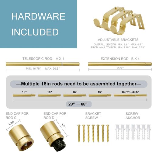 Byondeth Adjustable Curtain Rods for Windows - 16 to 88 Inches, 1 Inch Diameter, Flash Gold Finish