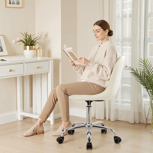 VECELO Armless Home Office Desk Chair, Height Adjustable, PU Leather 360 Degree Swivel with Wheels, Stylish Casual Vanity Seat for Study, Work, Makeup, Leisure, Weight up to 330 Lbs, White