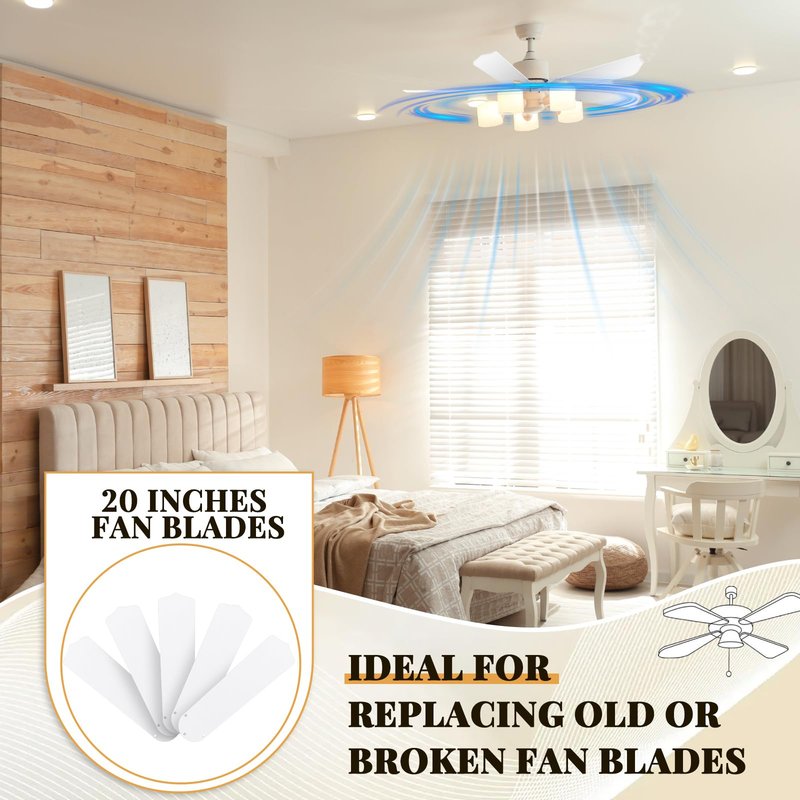 Lineshading 10 Pack 20" Replacement Fan Blades for 52" Ceiling Fan Waterproof Weatherproof Blades Replacement for Broken Substitution Replacing Indoor Summer(White)