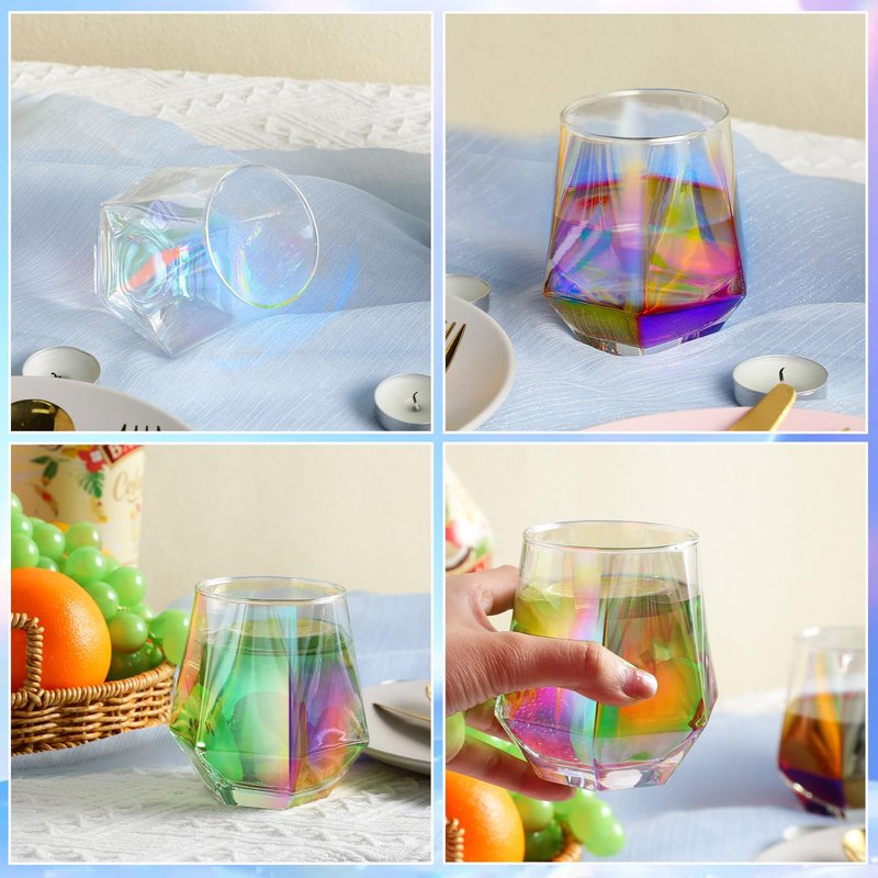 Zopeal Set of 12 Iridescent Stemless Wine Glass 10.5 oz Rainbow Glassware Cup for Cocktail Whiskey Christmas Wedding Birthday Party Home Bar Housewarming Gift