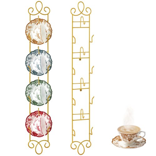 Blulu 2 Pcs Wall Mounted Tea Cup & Saucer Display Rack, 4-tier Metal Mug Holder with Plate Hangers, Decorative Wall Storage for Kitchen, Gift&Coffee Bar Display, 36'' x 5'' (Gold)