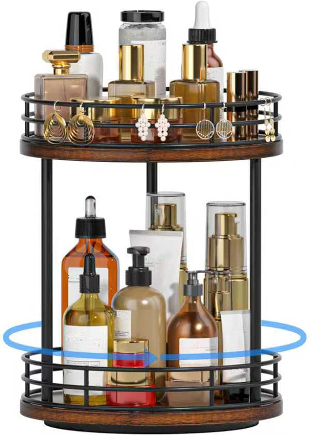 Skiennix 2-Tier Rotating Makeup Organizer - Wooden Bathroom Countertop Storage Shelf | Brown