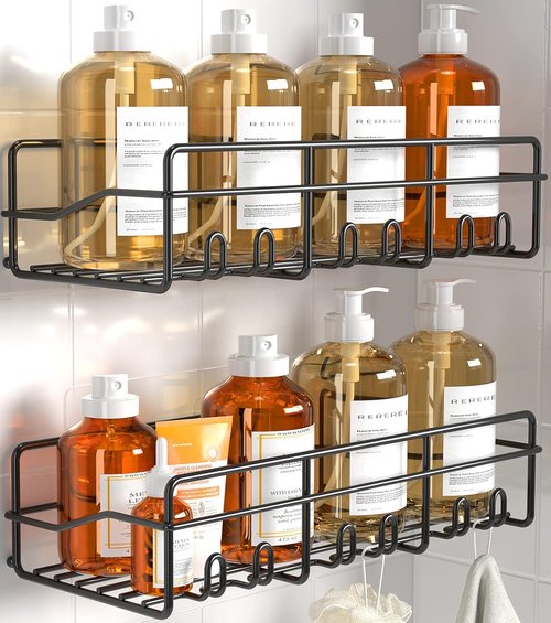 Coraje Adhesive Bathroom Caddy - Large Capacity Rustproof Metal Shelves | 2-Pack Black Shower Organizer