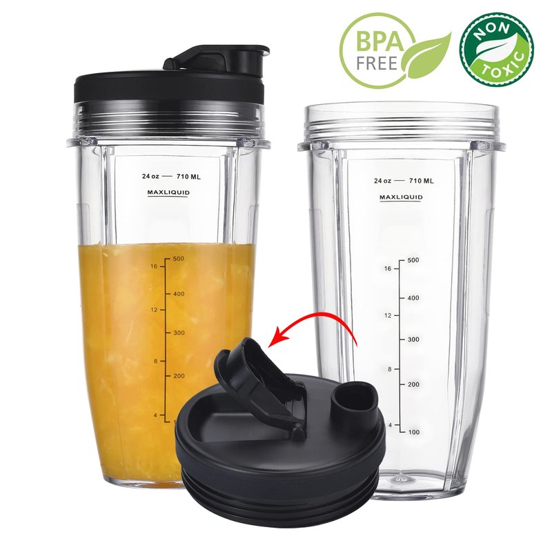 Replacement 24oz Cups for Nutri Ninja Blenders, Blender Replacement Parts with Upgraded Lid for BL450 BL454 BL480 BL482 BL640 BL642 BL682 BN801 SS101 SS351 SS401, Ninja Blender Auto IQ Blade, 2 Packs