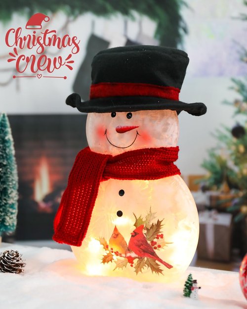 Bdor 11-Inch Glass Snowman Decoration - Light-Up Holiday Ornament with Cardinals & Red Scarf | Indoor Winter Décor