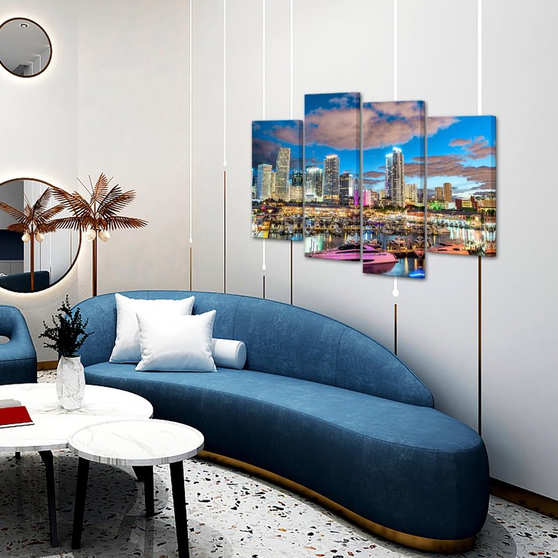 Nachic Wall 4 Pieces City Canvas Wall Art Miami Night Skyline Picture Canvas Print Florida Cityscape Poster Painting Canvas Modern Living Room Bedroom Decor Framed Ready to Hang