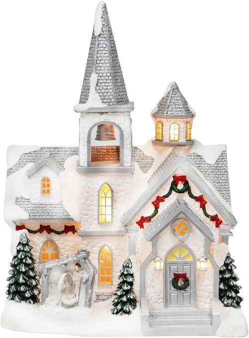 Moments In Time Lighted Musical Church | 11.7” Hand-Painted Christmas Village House with LED Lights