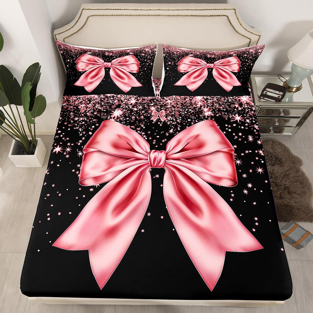 Pink Bowknot Kids Fitted Sheet Queen Size,Pink Glitter Dreamy Girlish Bedding Set,Girls Boys Adults Room Decor,Beauty Glamorous Fashion Bed Cover,Sweet Romantic Bed Sheet,2 Pillowcases