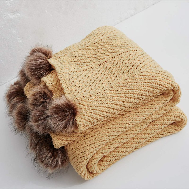 vctops Fur Pom Pom Knit Throw Blanket Super Soft Warm Cozy Cable Knitted Blanket for Sofa and Couch 51 x 63 Inch Mustard Yellow