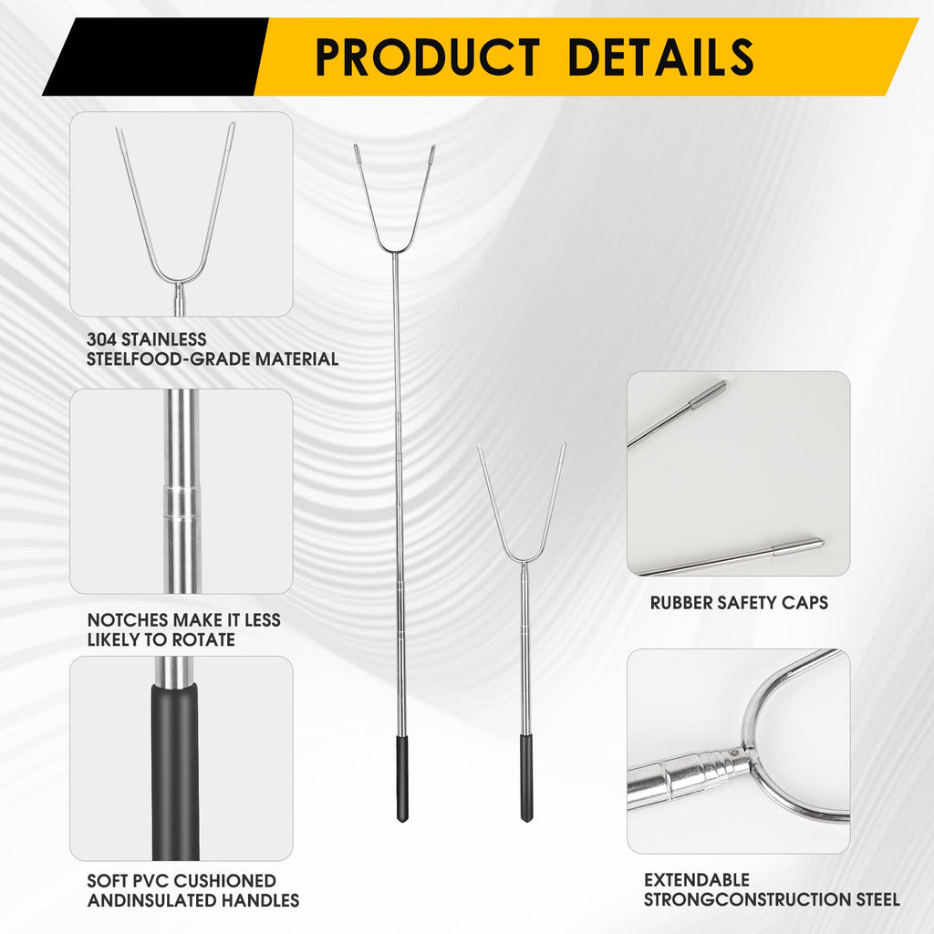 49” Large Fork Head Hot Dog Sticks for Campfires, Extra Long Telescoping Marshmallow Roasting Sticks for Fire Pit, Smoking Sticks for Bonfires,Compatible with Solo Stove, Camping Accessories，4 Pack