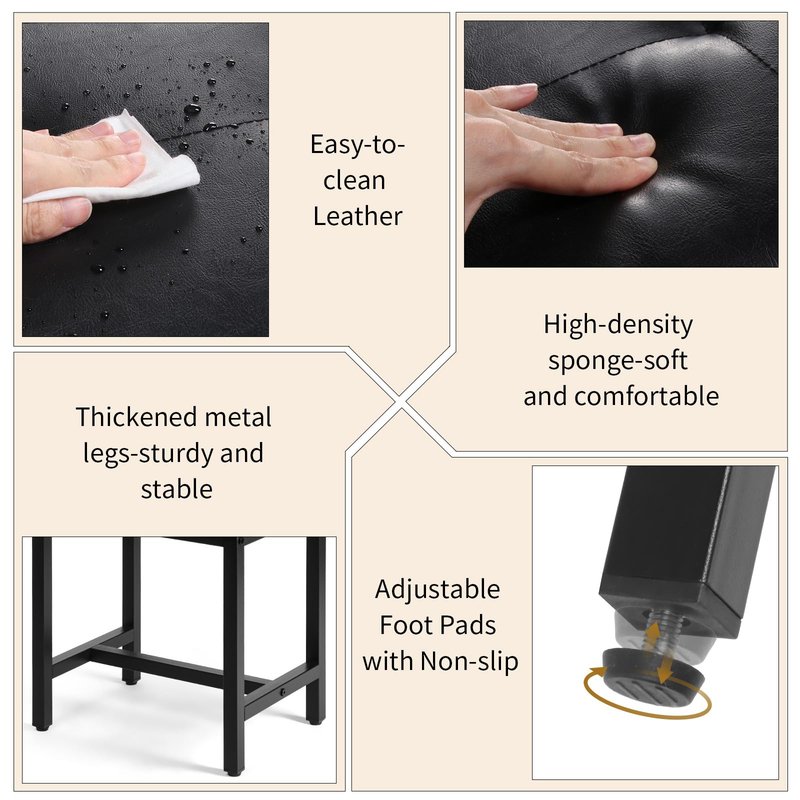 FLYZC Saddle Seat Vanity Stool, Makeup Stool Chair with Metal Leg, U-Shaped Faux Leather Ottoman Foot Rest, Small Square Chairs Under Desk for Vanity, Living Room, Bedroom, Modern Makeup Bench Black