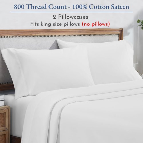 Heirloom 800 Thread Count 100% Cotton Sateen Pillow Cases - Soft & Thick | 2 King Size, Bright White