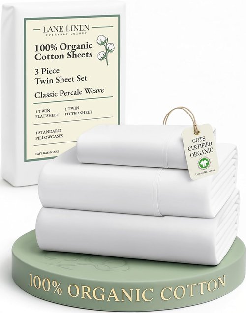 LANE LINEN 100% Organic Cotton Twin Sheets Set - Soft, Breathable Percale Bedding | White, 3-Piece Twin Bed Essentials