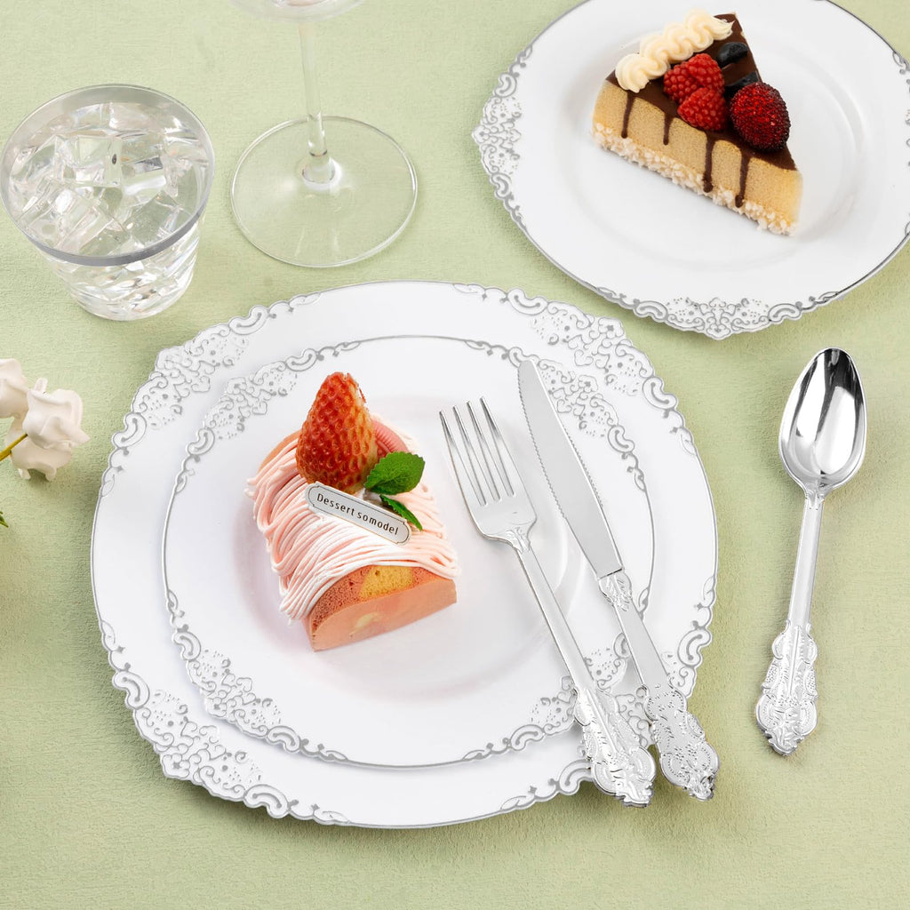 Bestluck 100 Pack Silver Plastic Silverware with Pre Rolled Napkins for 100 Guests, Silver Disposable Utensils Sets Includes 300 Plastic Cutlery, and 100 Napkins for Party & Wedding