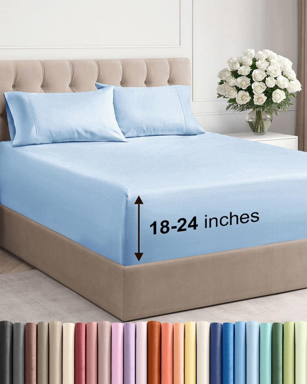 Skiennix Extra Deep Twin Sheet Set | 4-Piece Breathable Cooling Bedding - Soft, Wrinkle-Free Light Blue