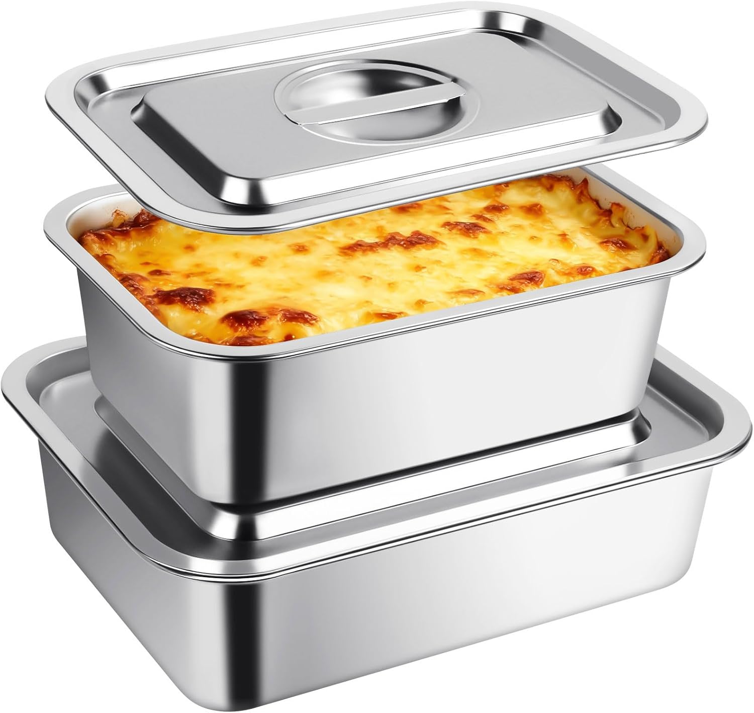 Regine Switzerland 4-Inch Deep Lasagna Pan Set - Stainless Steel Baking Pans with Lids | 7.4QT & 5.1QT Sizes