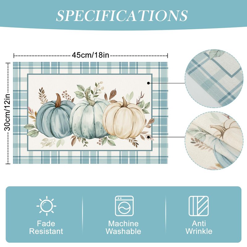 Bonhause Pumpkins Eucalyptus Leaves Fall Placemats Set of 4, 12x18 Inch Blue Buffalo Plaid Autumn Thanksgiving Kitchen Dinning Table Mats Washable Place Mats for Indoor Outdoor Home Party Decor