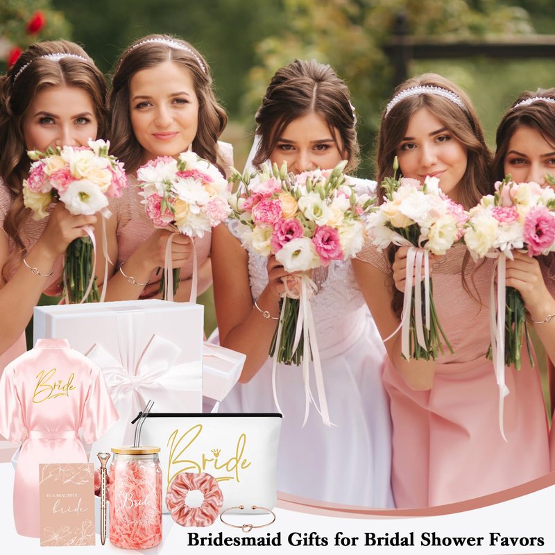 Irenare 8 Pcs Bride Gifts Set for Bridal Shower Bachelorette Party Robe Cup Makeup Bag Bracelet Scrunchies Card Pen Gift Box(Pink)
