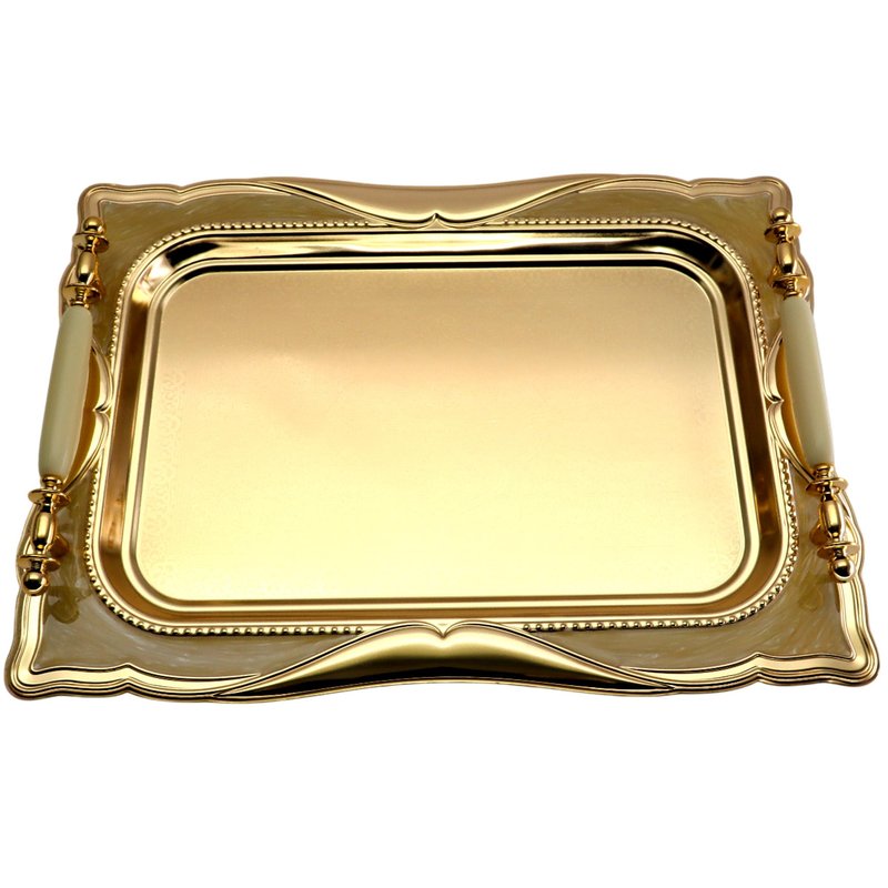 Maro Megastore 14.2 inch x 10.2 inch Rectangular Iron Gold Plated Serving Tray with Handles Floral Amber Edge Decorative Party Candles Birthday Buffet Decor Platter Plate Base Dish FST-024