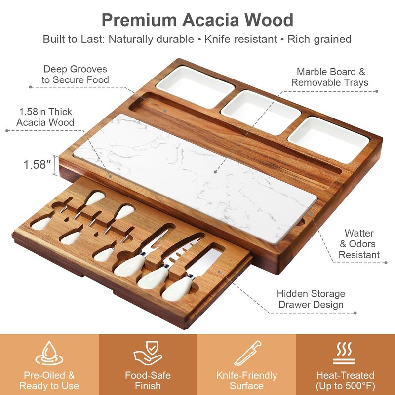 EUMUU Charcuterie Board Set Premium Large Acacia Wood Cheese Platter with Reusable Bowls, Cheese Knives and Forks - Housewarming, Wedding, Bridal Shower, Birthday Gifts