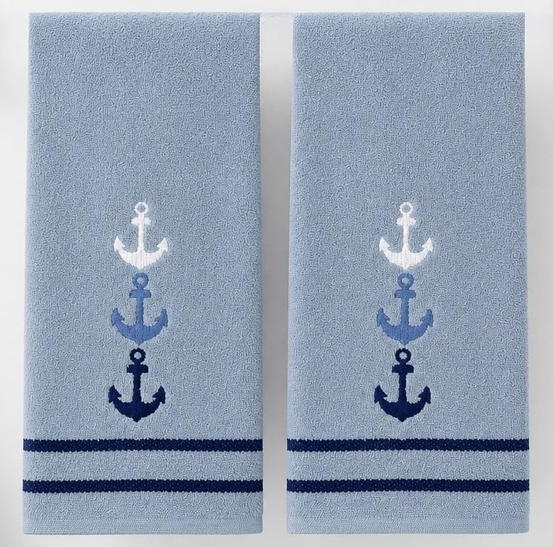 Coastal Nautical Fingertip Towels - 100% Cotton Embroidered Anchors, Set of 2