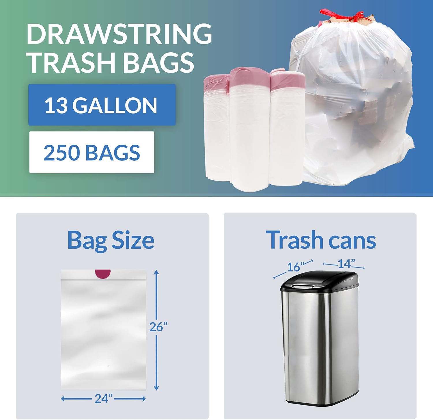 Reli. Drawstring Trash Bags - 250 Count Tall Kitchen Garbage Bags | 13-16 Gallon Capacity, White