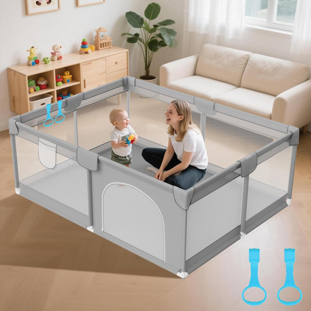 Skiennix Large Baby Playpen - Breathable Mesh Safety Playard with 2 Handles | 74"x50" Grey Activity Center for Indoor & Outdoor Use