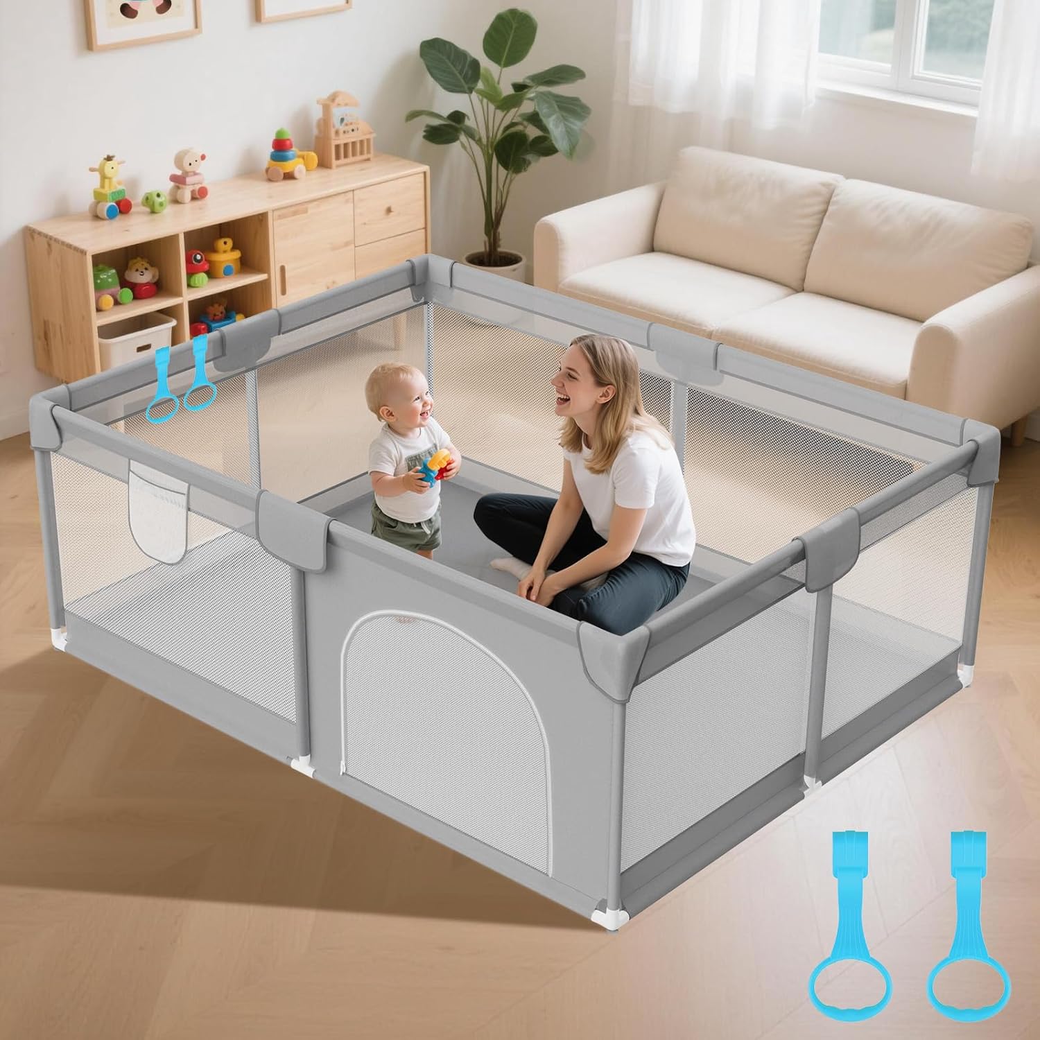 Skiennix Large Baby Playpen - Breathable Mesh Safety Playard with 2 Handles | 74"x50" Grey Activity Center for Indoor & Outdoor Use