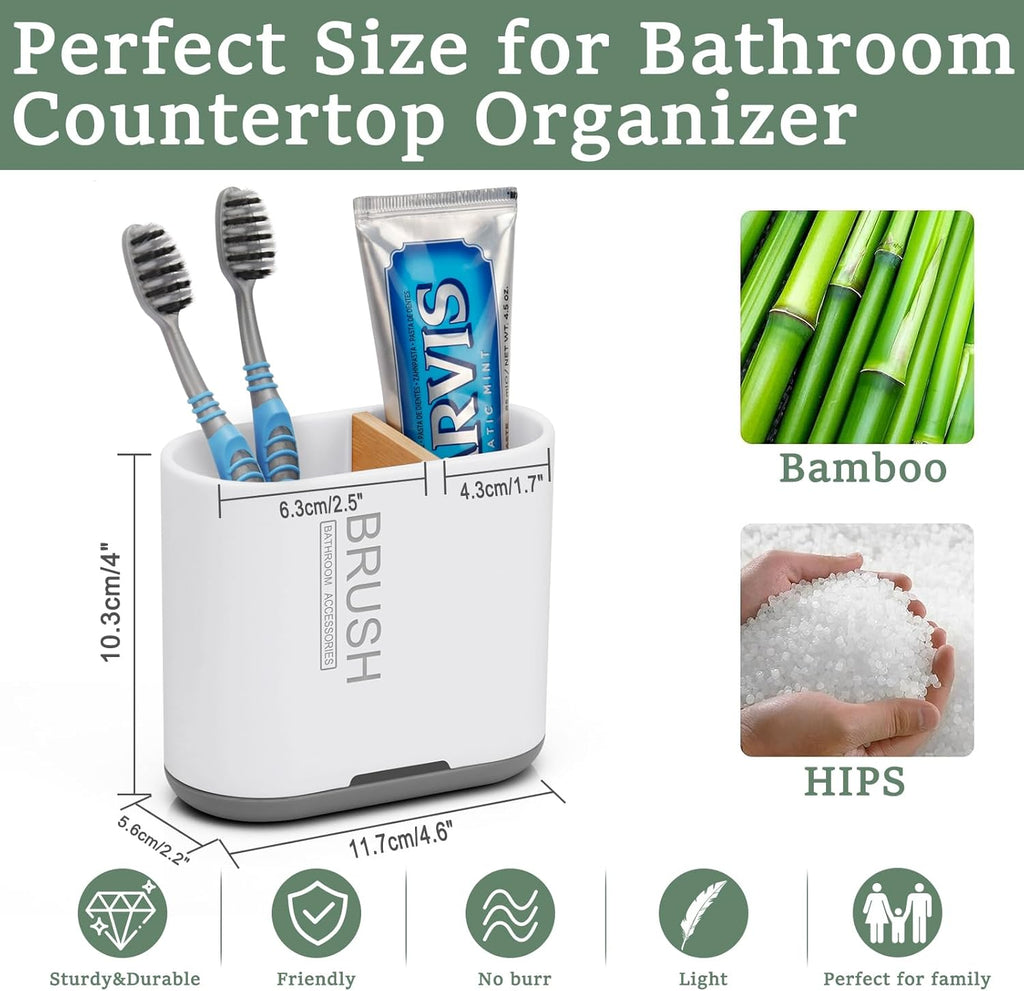 Skiennix Toothbrush Holder - Bamboo Divider Bathroom Organizer with 2 Slots | Easy Clean & Drainage - White
