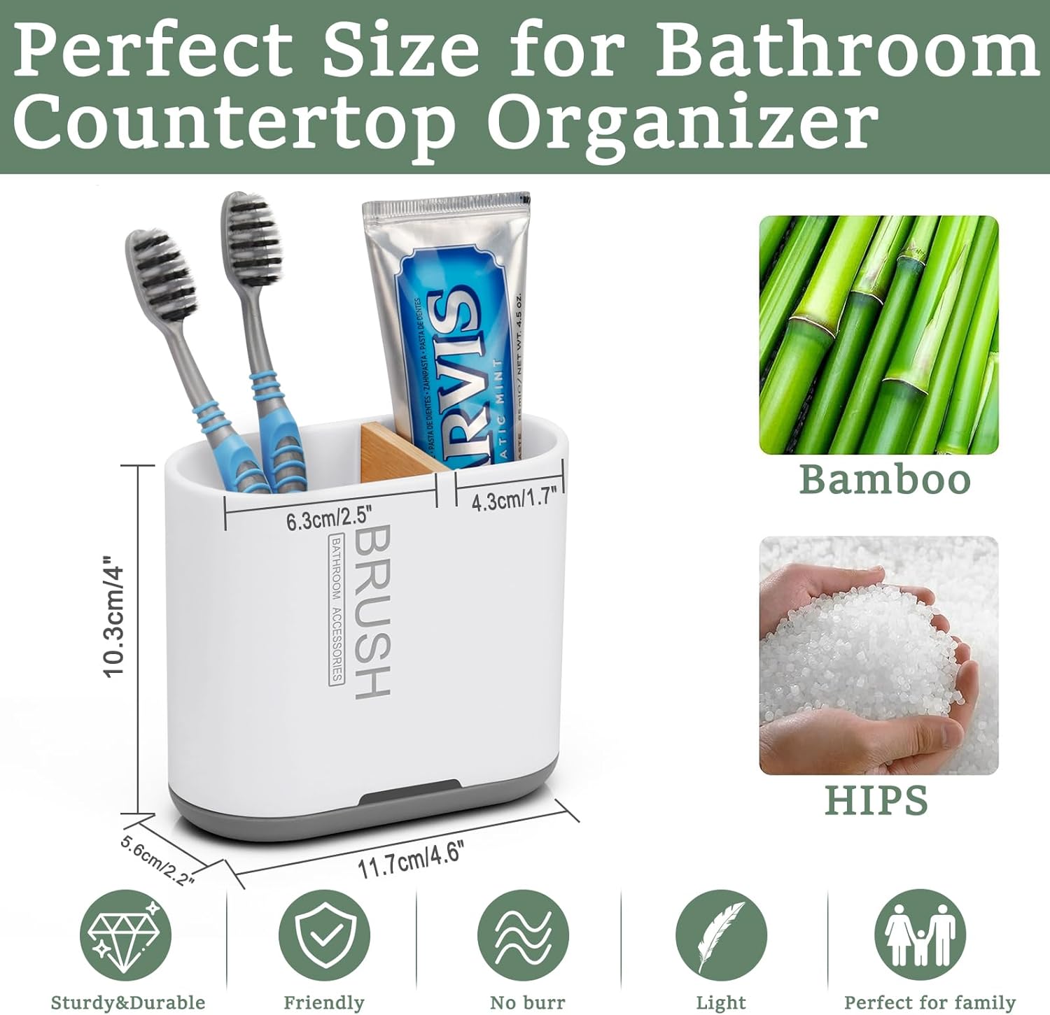 Skiennix Toothbrush Holder - Bamboo Divider Bathroom Organizer with 2 Slots | Easy Clean & Drainage - White