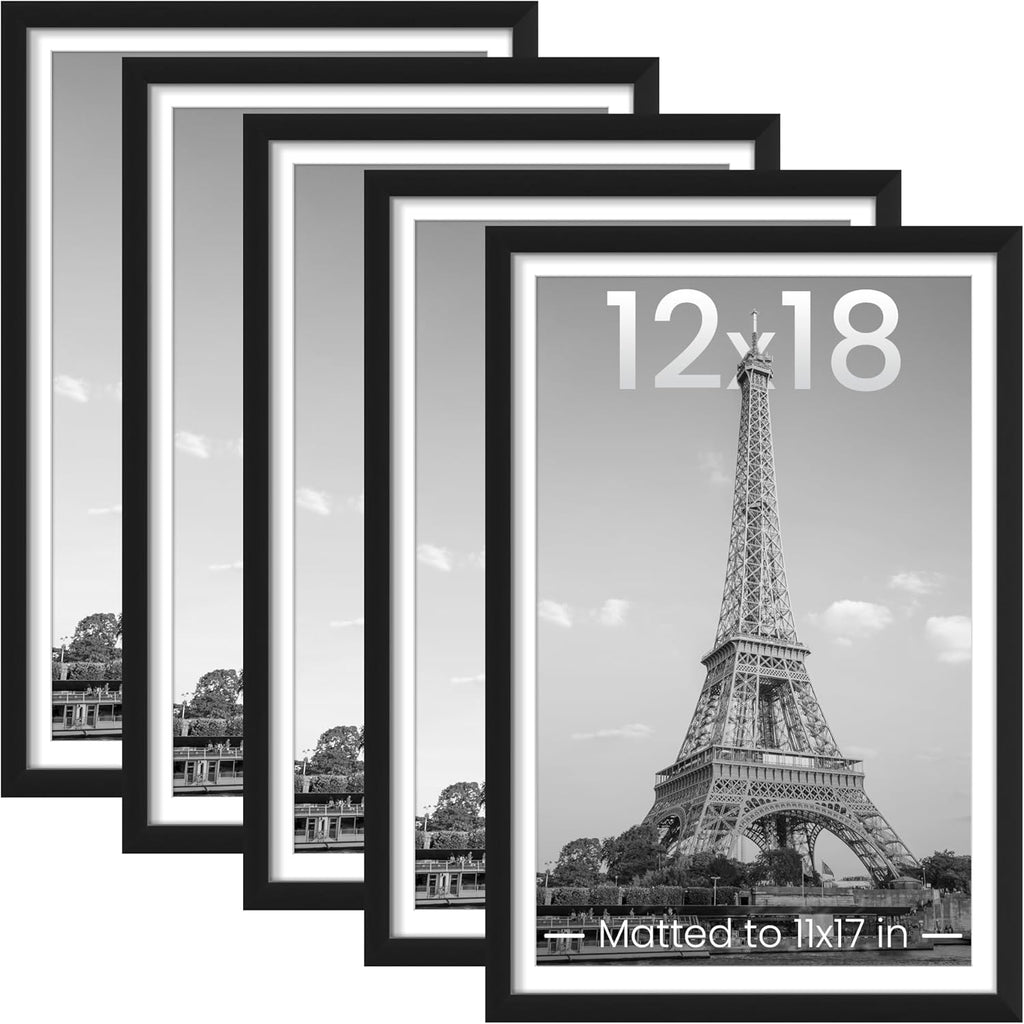 Upsimples 12x18 Picture Frame Set of 5 - Versatile Black Frames for 11x17 or 12x18 Photos