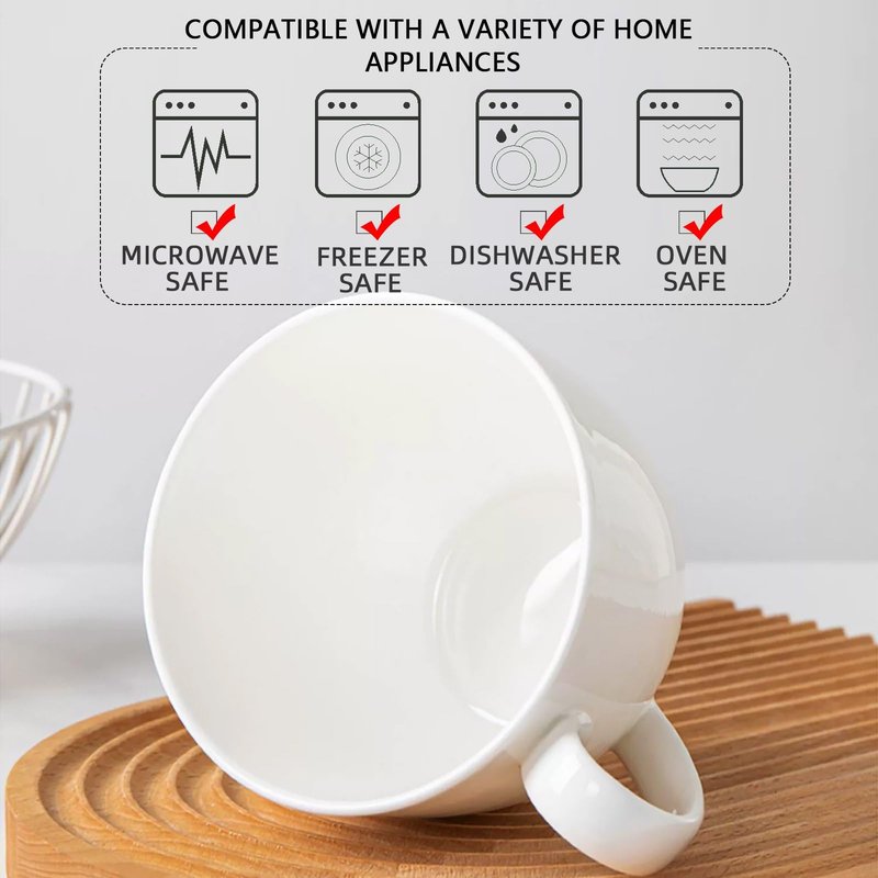 Chulan Extra Large White Bone China Cereal Mugs, 22 oz Ceramic Coffee Mug Set of 6, Latte Mugs Mocha Tea Cup, Jumbo Porcelain Soup Mugs with Big Handle for Desserts Snack, Microwave ＆ Dishwasher Safe