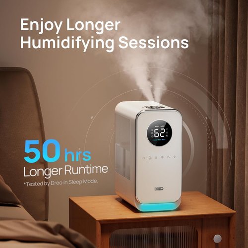 DREO Cool Mist Humidifier - Smart Quiet Top-Fill Design for Large Rooms | 50-Hour Runtime, White