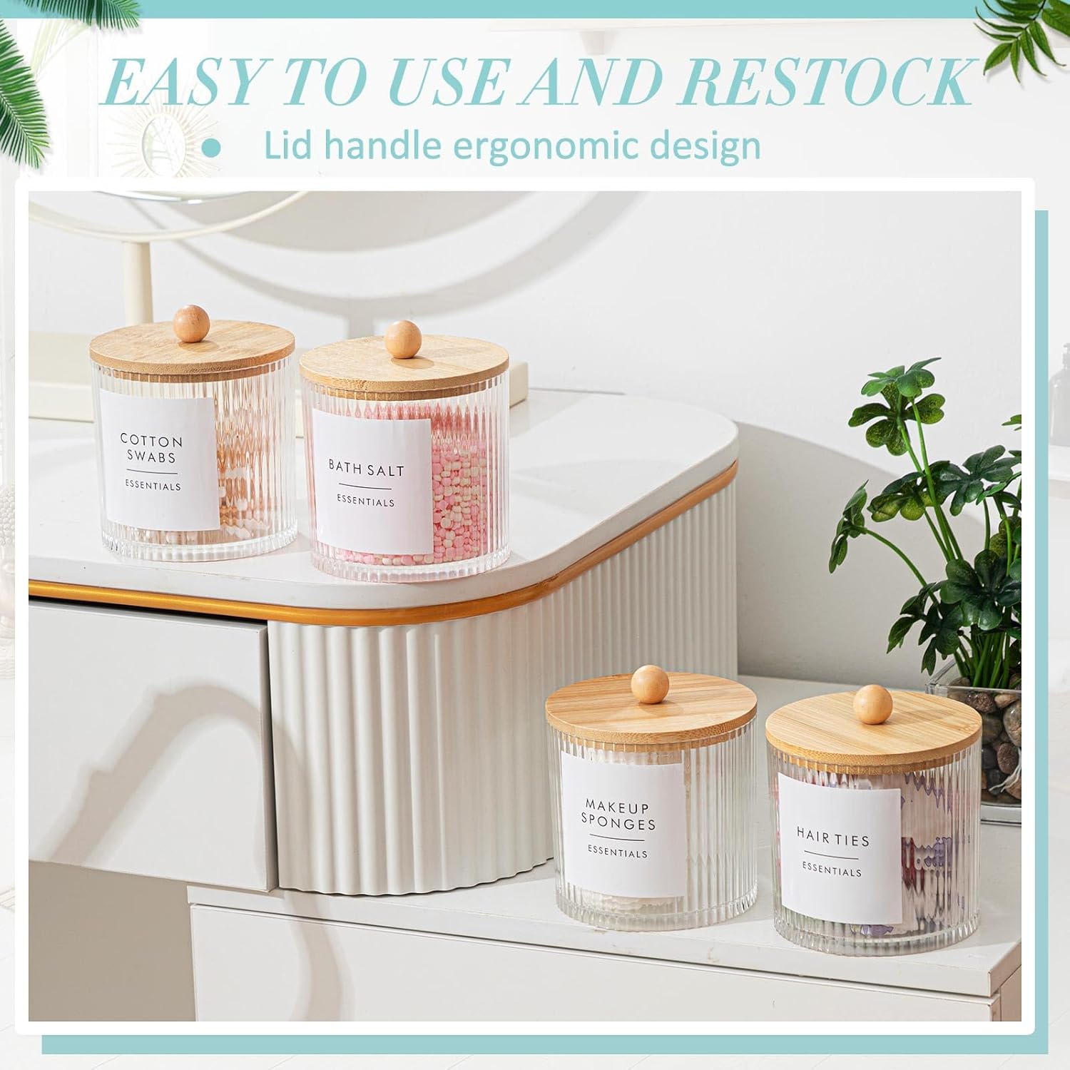 Yaomiao 6 Pcs Ribbed Bathroom Canisters - Stylish Apothecary Jars with Bamboo Lids & Labels | 18 oz Storage for Cotton Balls, Swabs, Floss Picks