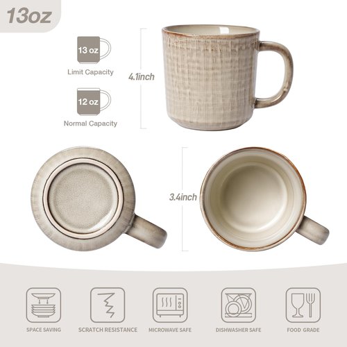 famiware Moonlight Coffee Mug Set of 4, 13oz Mug Set with Linen Finish, Coffee Cup Set with Handle for Latte, Cappuccino, Tea, Hot Cocoa, Microwave and Dishwasher Safe, Summer Sand
