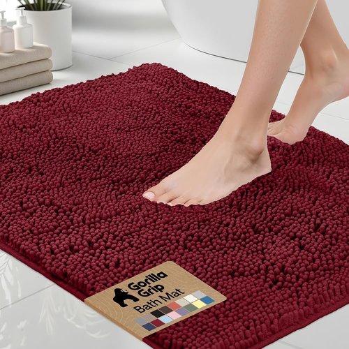GORILLA GRIP Bath Rug Mat - Soft Absorbent Chenille | Quick Dry Microfiber, 48x17, Burgundy