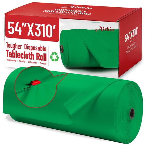 Airbin Plastic Table Cloth, 310 Ft X 54 in Plastic Table Cloth Disposable Green Tablecloth Premium PEVA with Any Cut Sliding Cutters Disposable Tablecloth for Picnics, Parties, Birthdays, Festivals
