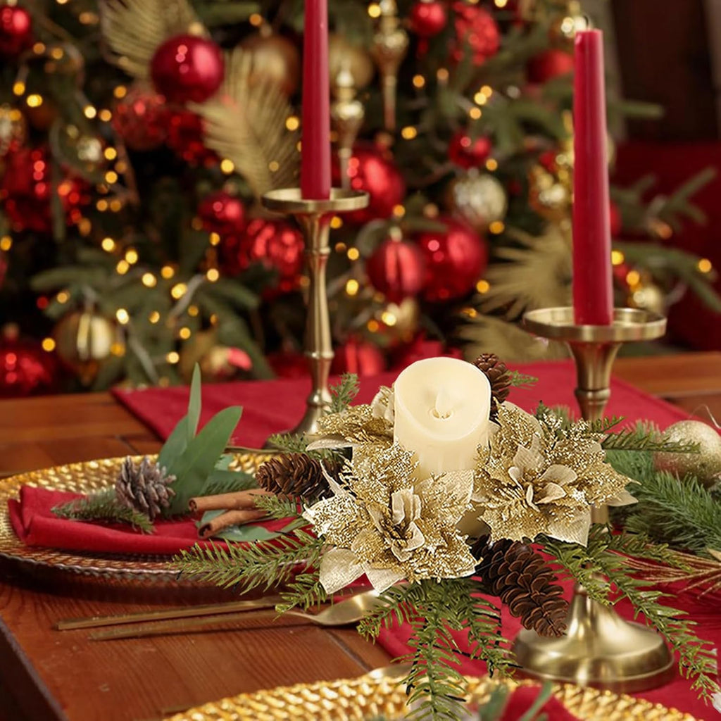 Skiennix Christmas Candle Ring Wreath - Artificial Golden Flower & Pine Garland Centerpiece