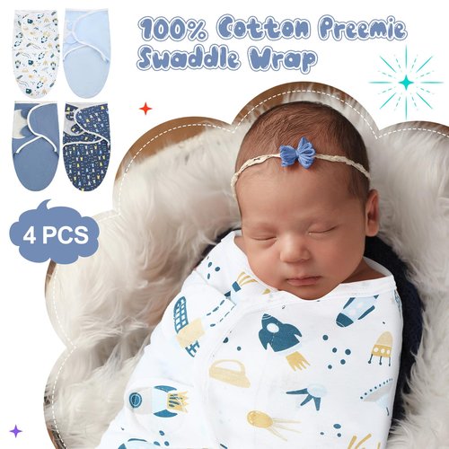 Newwiee 4 Pcs Preemie Baby Swaddle Wrap Adjustable Cotton Preemie Swaddle Blanket for Newborn Boys Girls(Bear Style,Fit for Preemies)