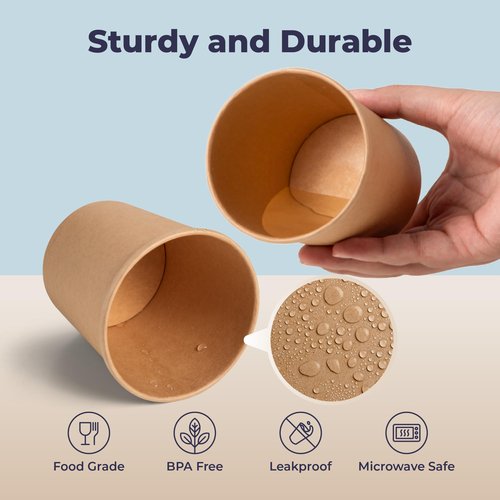 Fit Meal Prep 50 Pack 16 oz Kraft Paper Soup Containers with Vented Lid, Hot or Cold Paper Food Cups, Restaurant To Go Disposable Food Container, Ideal for Salad Stews Frozen Yogurt Ice Cream Dessert