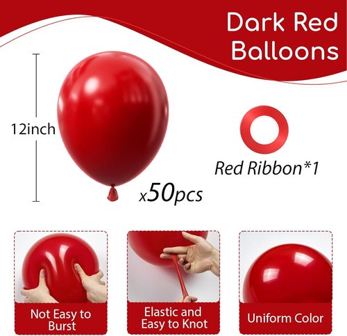 Dark Red Balloons - 12 Inch Latex Balloons | 50 Pack for Bridal Shower & Birthday Party Decorations