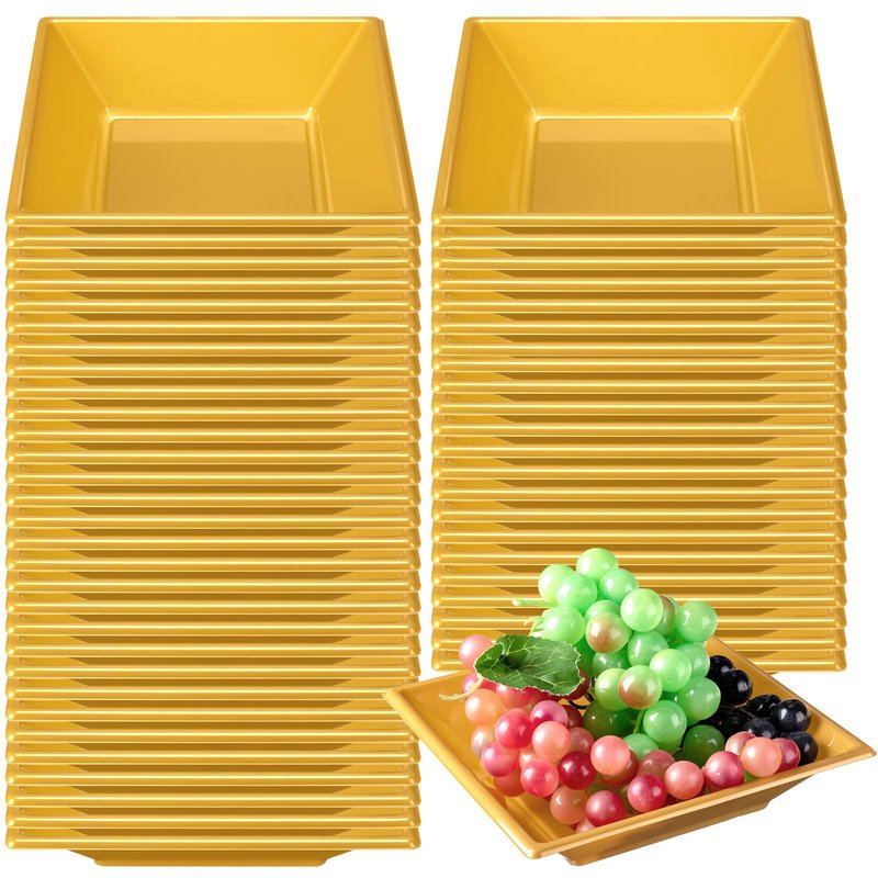 Patelai 100 Pcs Christmas Gold Bowl Square Plastic 12 oz Disposable Serving Bowls for Cookies Snack Chips Nuts Candy Salad, Supplying to Wedding Birthday Gathering Outdoor Party